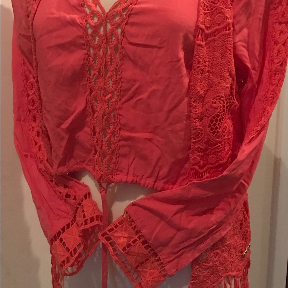 I Too Fashion orange V-Neck lace blouse
